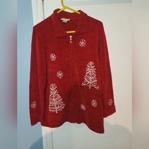 Allison Daley Red Zip Sweater With Christmas Trees And Snowflakes Size XL